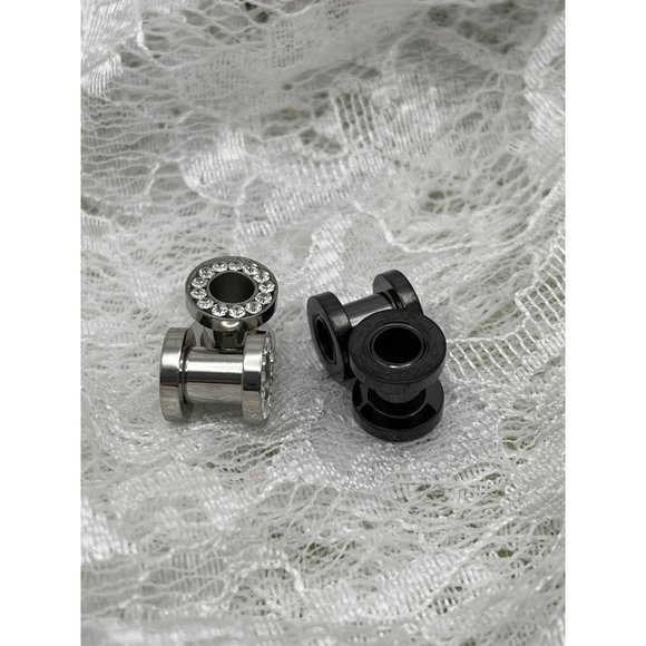 Fashion Jewelry Jewelry - Rhinestone Silver and Black Screw Top Tunnels - Set of 2